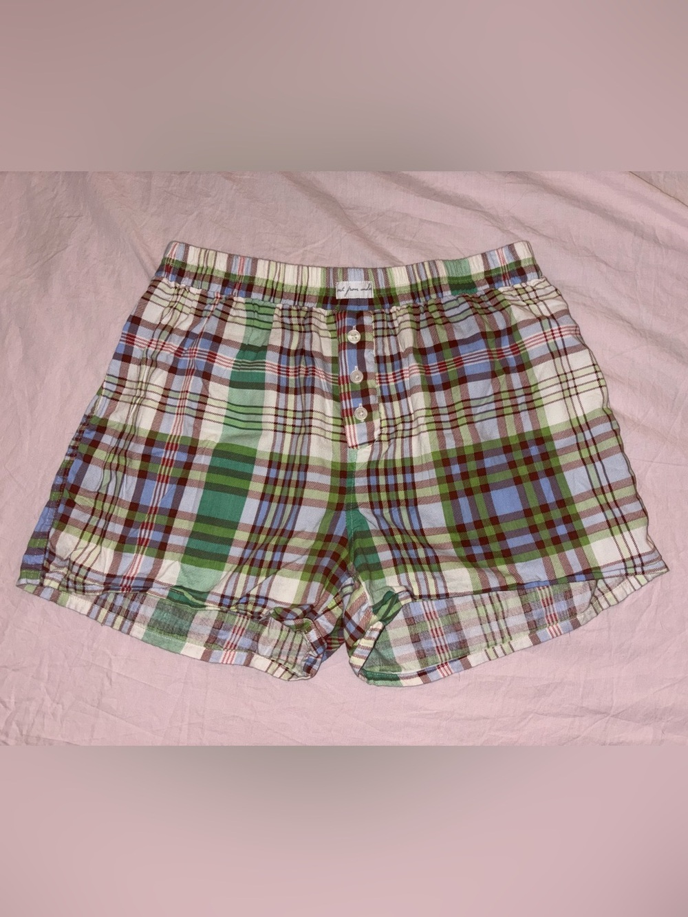 Free People Plaid Cotton Athletic Shorts in Green & Blue